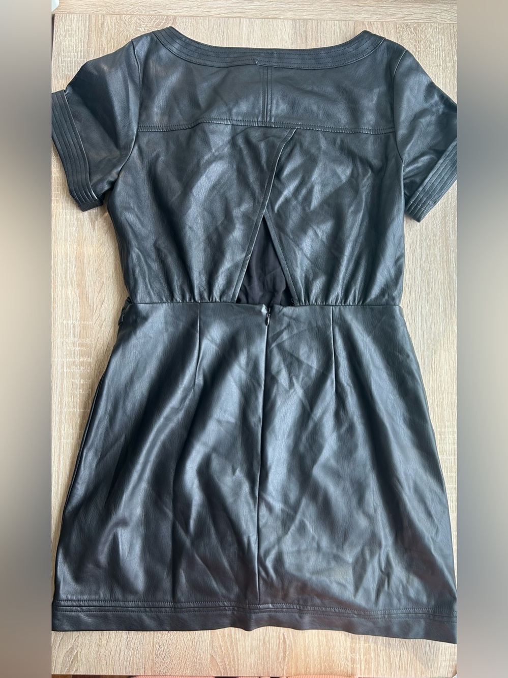 Anthropologie Black Faux Leather Short Sleeve Wrap Dress 10 - Picture 5 of 10